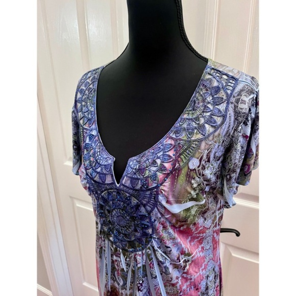 Y2K Boho Dress Womens M Rhinestone Lace Medallion Multi Paisley Festival Summer